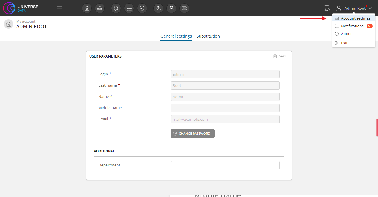 User personal account and the button to go to it
