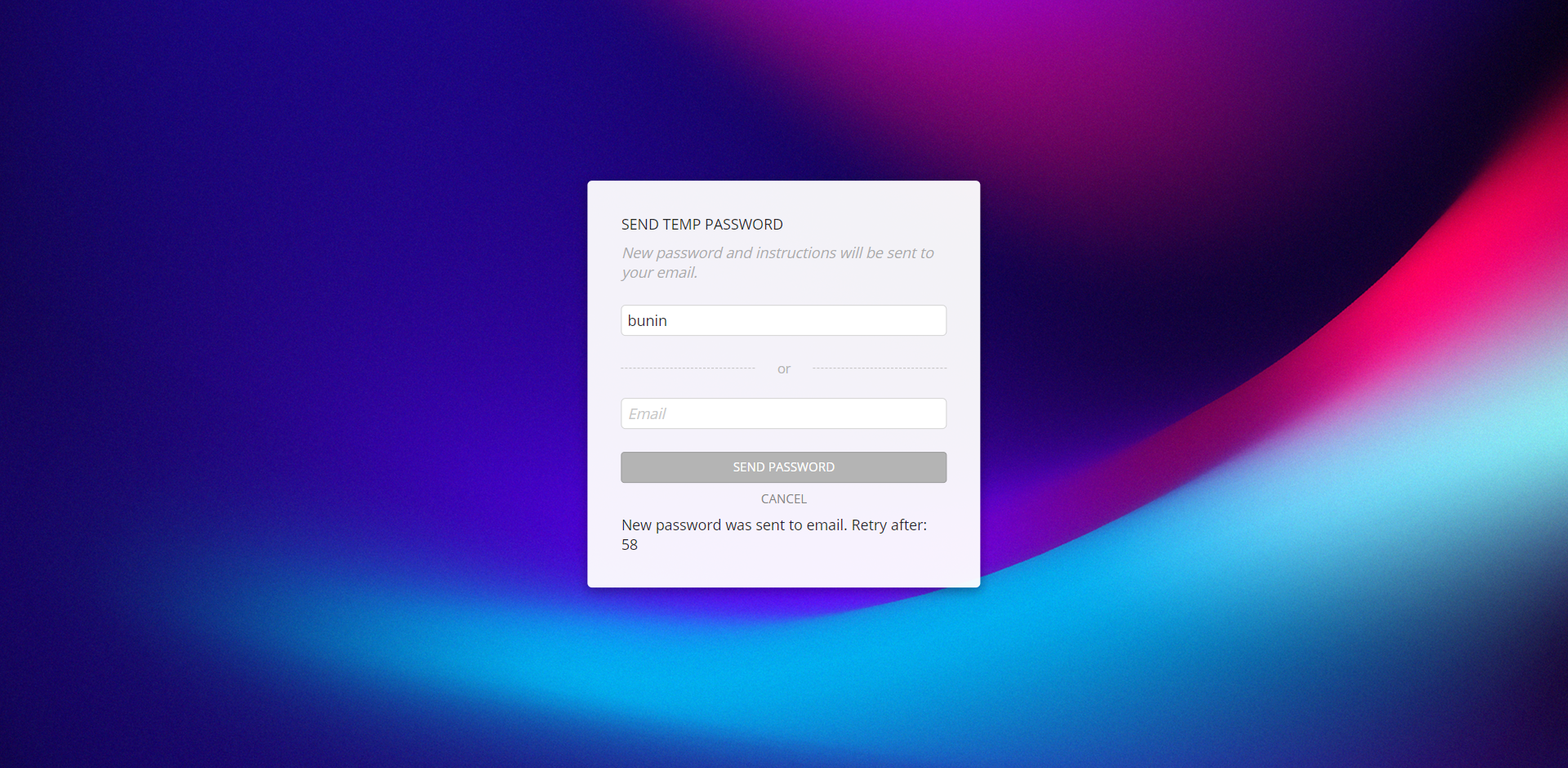 "Send password" button with "Username" entered