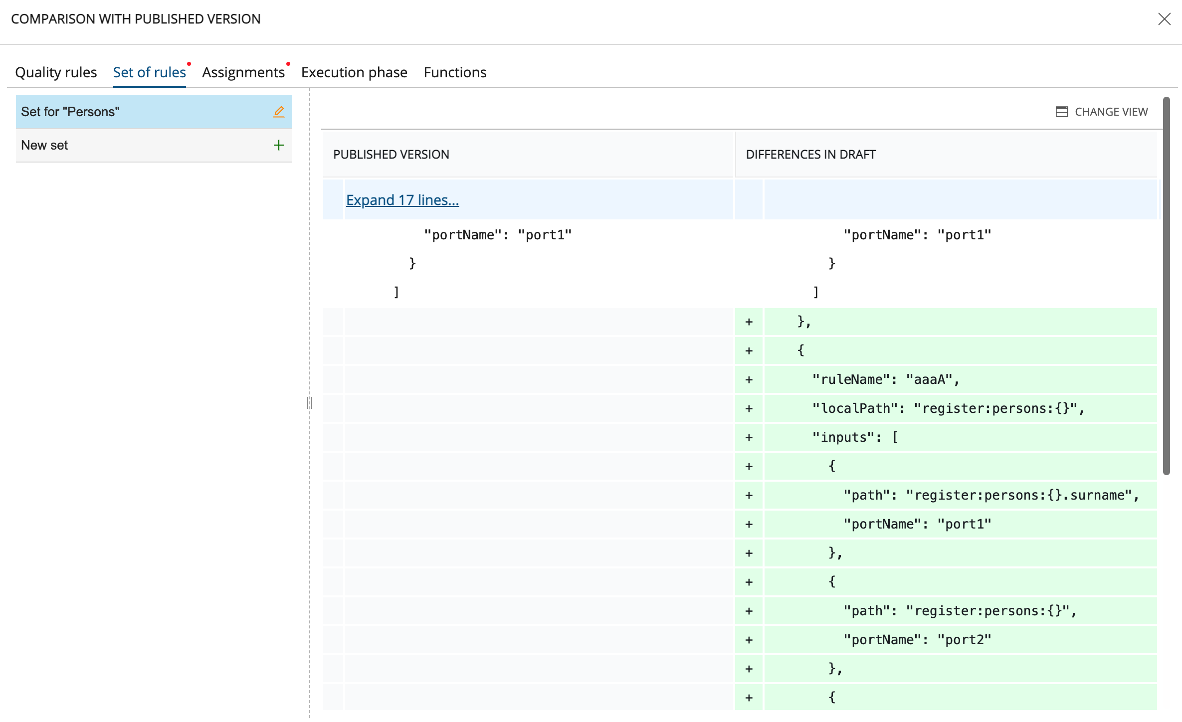 Window for comparing the published quality model with the draft