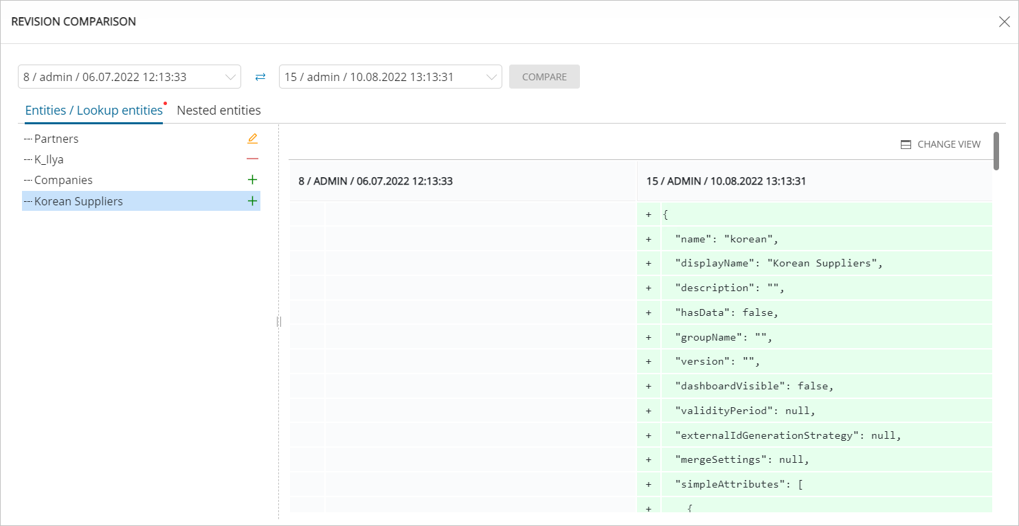Window for comparing data model versions