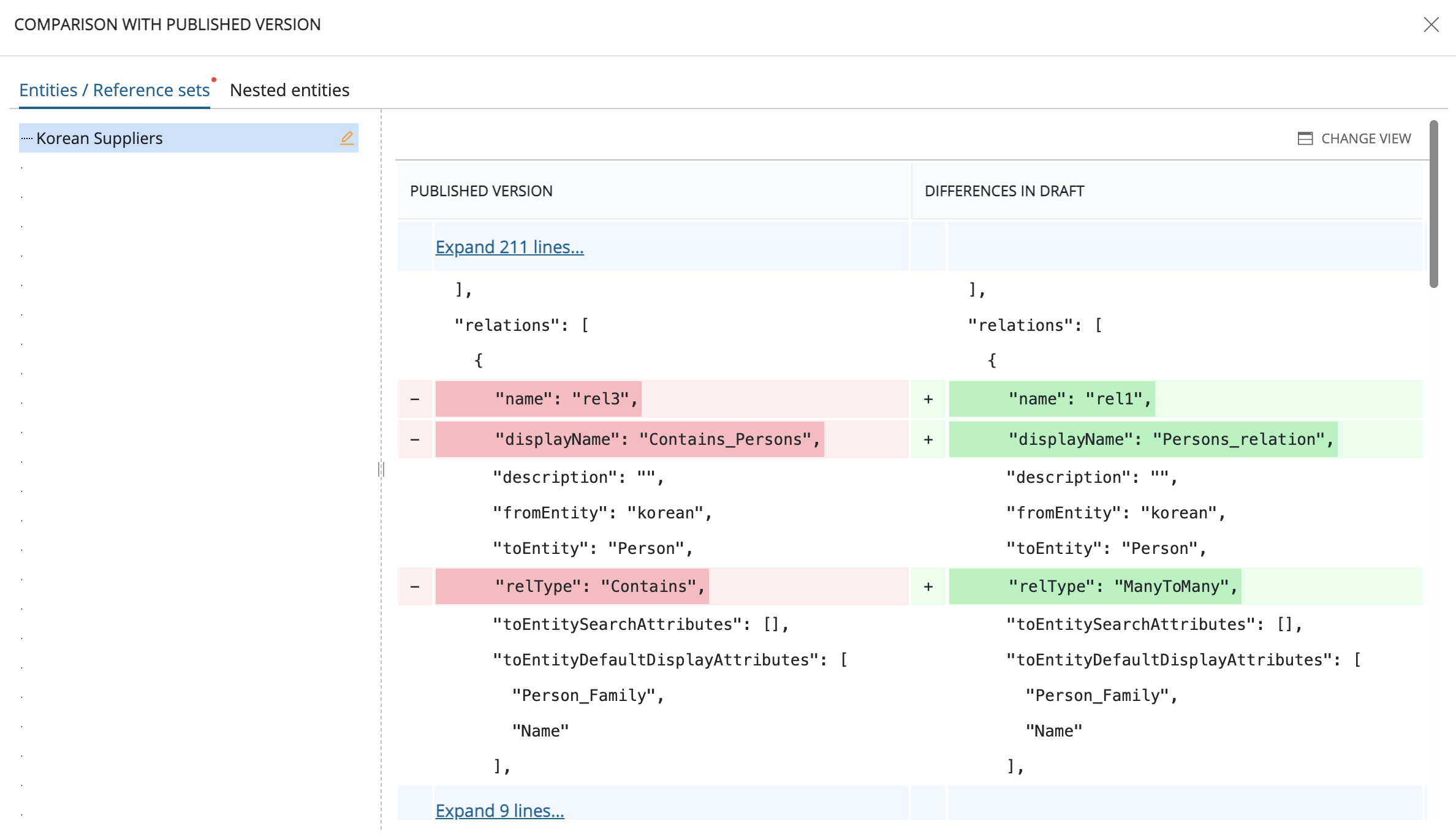 Window for comparing the published data model with the draft