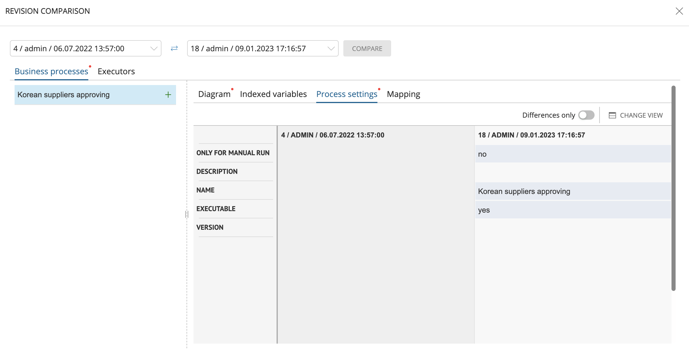 Window for comparing workflow model versions